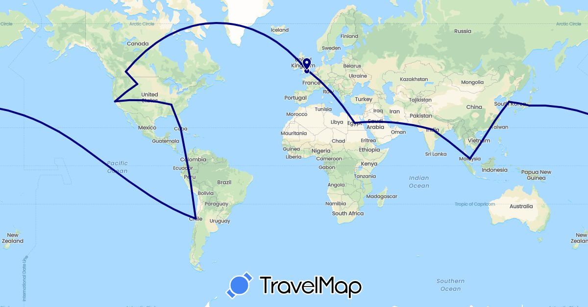 TravelMap itinerary: driving in Canada, Chile, Cuba, Egypt, United Kingdom, India, Japan, South Korea, Malaysia, Peru, United States, Vietnam (Africa, Asia, Europe, North America, South America)